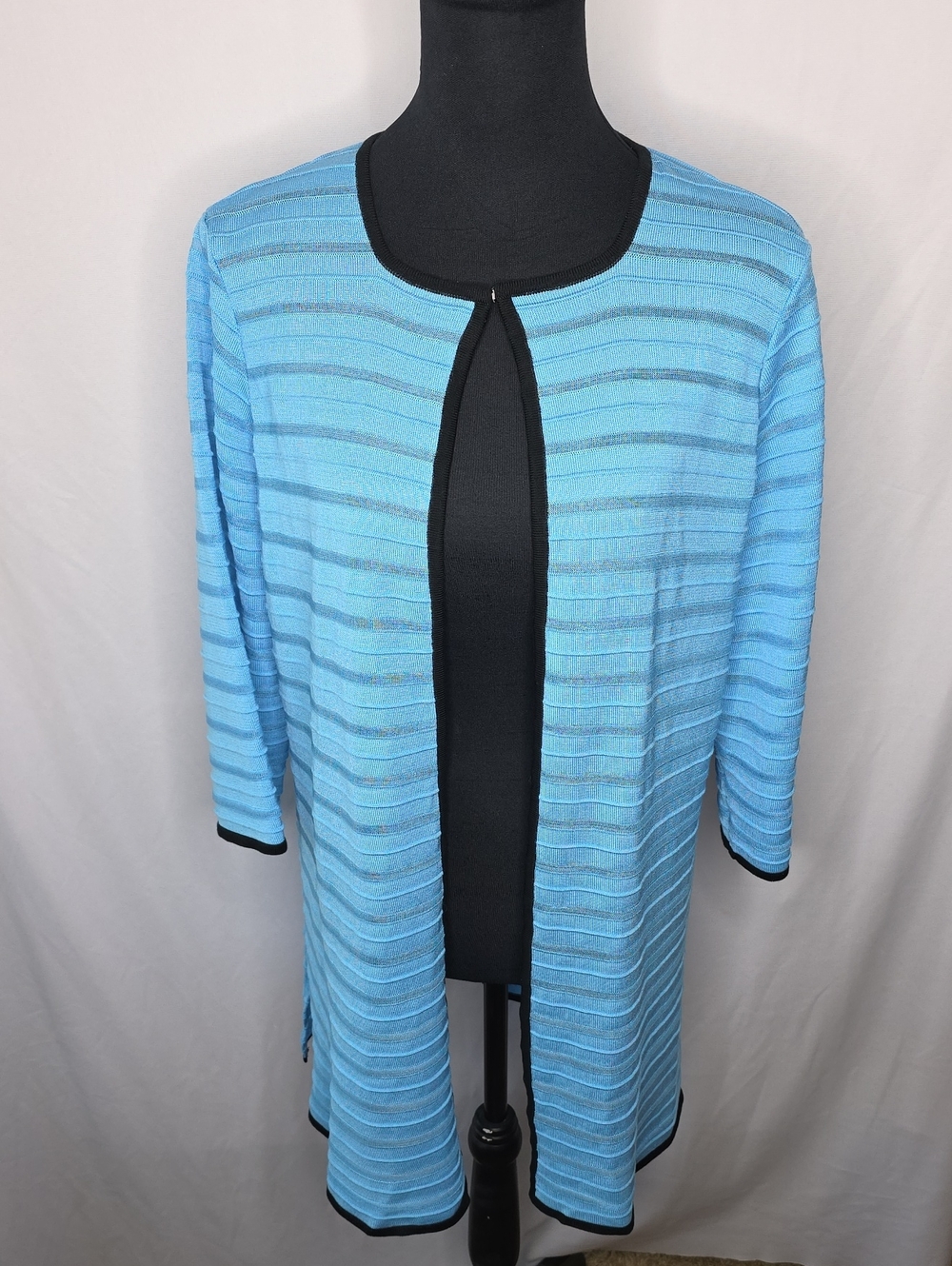 Ming Wang Sky Blue Knit Top with Black Trim
